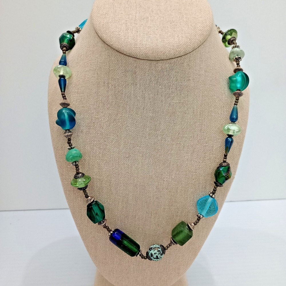 Treska Blue Green Bead Necklace Multi Strand Boho Statement